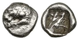 Greek Coins
CARIA, Mylasa(?). Circa 520-490 BC. AR Obol (0,8 gr - 9,10 mm). Persic standard(?). Forepart of lion left; symbol or letter on shoulder / ...