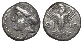Greek Coins
PAPHLAGONIA. Sinope. Hemidrachm (Circa 330-250 BC).
Obv: Head of nymph left, with hair in sakkos.
Rev: ΣΙ - ΝΩ.
Eagle facing, head left, w...