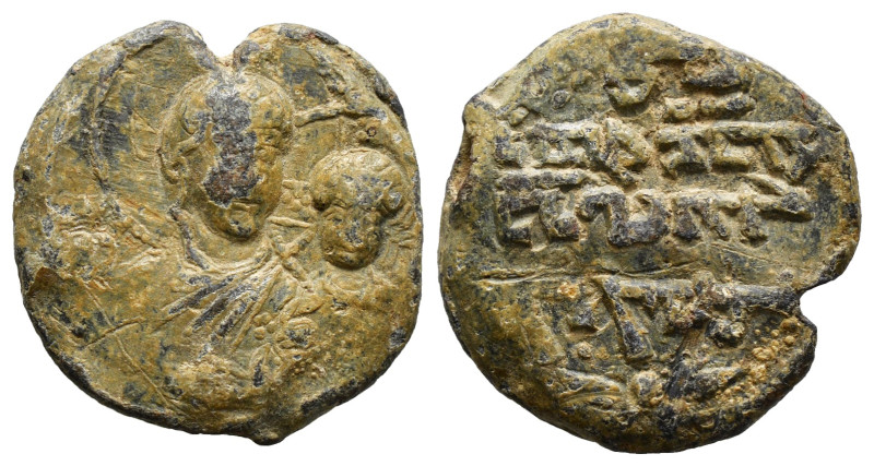 Lead Seal
Byzantine Lead Seal
Obv.: Nimbate and draped half length bust of the V...