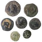 HISPANIA ANTIGUA. Lote de 7 monedas. AE. Distintas cecas y valores. 4 de ellas hispano-romanas. 1 con resello. RC/BC+.