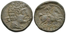 HISPANIA ANTIGUA. BILBILIS. As. A/ Cabeza masculina a der., delante delfín, detrás signo ibérico S. R/ Jinete lancero a der., debajo, sobre línea, BiL...