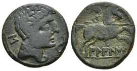 HISPANIA ANTIGUA. BILBILIS. As. A/ Cabeza masculina a der., delante delfín, detrás signo ibérico S. R/ Jinete lancero a der., debajo, sobre línea, BiL...