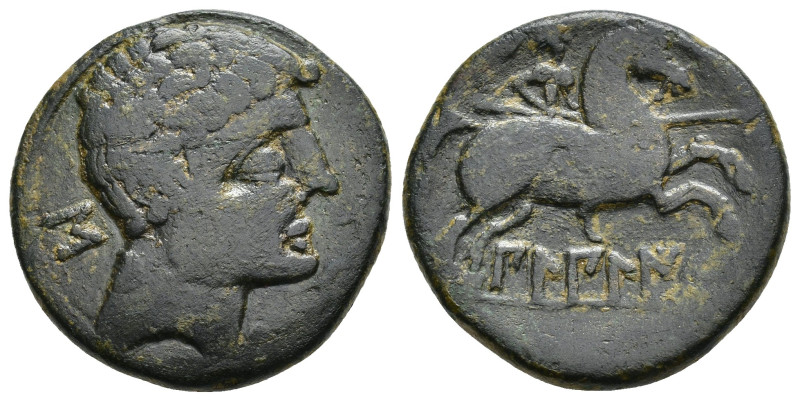 HISPANIA ANTIGUA. BILBILIS. As. A/ Cabeza masculina a der., delante delfín, detr...
