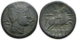 HISPANIA ANTIGUA. BILBILIS. As. A/ Cabeza masculina a der., delante delfín, detrás signo ibérico Bi. R/ Jinete lancero a der., debajo, sobre línea, Bi...