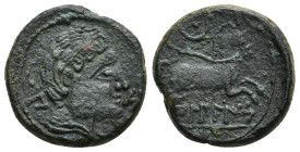 HISPANIA ANTIGUA. BILBILIS. Semis. A/ Cabeza masculina a der., delante delfín, detrás signo ibérico S. R/ Caballo con rienda suelta a der., encima cre...