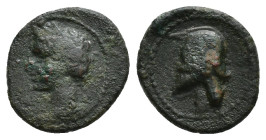 HISPANIA ANTIGUA. EMISIONES HISPANO-CARTAGINESAS. Quinto. A/ Cabeza de Tanit a izq. R/ Casco a izq. AE 1,53 g. 12,2 mm. I-521. ACIP-582. Golpe en rev....