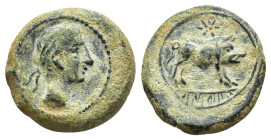 HISPANIA ANTIGUA. KASTILO-CASTULO. Cuadrante. A/ Cabeza masculina diadema con ínfulas a der. R/ Jabalí a der., encima estrella, en exergo KaSTiLO. AE ...