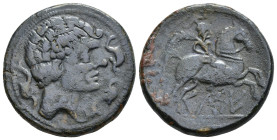 HISPANIA ANTIGUA. KELSE. As. A/ Cabeza masculina con cuello vestido y fíbula a der., alrededor tres delfines. R/ Jinete con palma a der., debajo sobre...