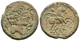 HISPANIA ANTIGUA. KELSE. As. A/ Cabeza masculina con cuello vestido y fíbula a der., alrededor tres delfines. R/ Jinete con palma a der., debajo sobre...