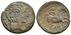 HISPANIA ANTIGUA. KELSE. As. A/ Cabeza masculina con cuello vestido y fíbula a der., alrededor tres delfines. R/ Jinete con palma a der., debajo sobre...