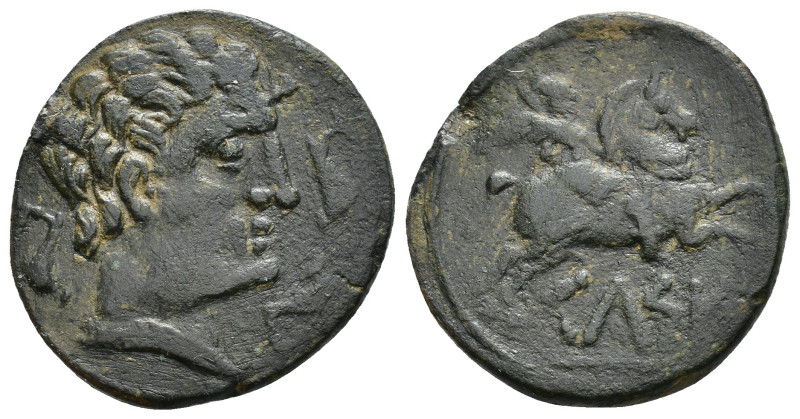 HISPANIA ANTIGUA. KELSE. As. A/ Cabeza masculina a der., alrededor tres delfines...