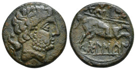 HISPANIA ANTIGUA. BOLSKAN. Unidad. A/ Cabeza masculina con collar a der., detrás delfín. R/ Jinete lancero a der., detrás estrella, debajo BoLSKaN. AE...