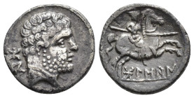 HISPANIA ANTIGUA. BOLSKAN. Denario. A/ Cabeza masculina barbada y con collar a der., detrás signos ibéricos BoN. R/ Jinete lancero a der., debajo sobr...