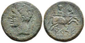 HISPANIA ANTIGUA. ARSE. Unidad. A/ Cabeza a izq., detrás caduceo. R/ Jinete lancero a der., detrás estrella, debajo sobre línea ARSE. AE 13,41 g. 27,1...