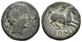 HISPANIA ANTIGUA. SEKAISA. Unidad. A/ Cabeza masculina con collar a der., delante y detrás delfín. R/ Jinete lancero a der., en exergo SEKaISA. AE 8,8...