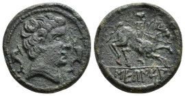 HISPANIA ANTIGUA. SEKAISA. Unidad. A/ Cabeza masculina con collar a der., delante y detrás delfín. R/ Jinete lancero a der., en exergo SEKaISA. AE 9,2...