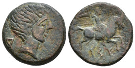 HISPANIA ANTIGUA. KESE-TARRACO. Unidad. A/ Cabeza masculina a der., detrás signo ibérico A. R/ Jinete con palma a der., debajo KeSE. AE 9,42 g. 23 mm....