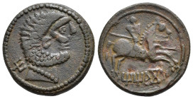 HISPANIA ANTIGUA. TITIAKOS. Unidad. A/ Cabeza masculina barbada y con collar a der., detrás signo ibérico Ti. R/ Jinete lancero a der., debajo TiTiAKo...