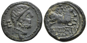 HISPANIA ANTIGUA. TITIAKOS. As. A/ Cabeza masculina con collar a der., detrás signo ibérico Ti. R/ Jinete lancero a der., debajo sobre línea TiTiAKoS....