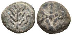 HISPANIA ANTIGUA. UGIA. Semis. A/ Palma, a der. S. R/ Glóbulo, alrededor VGIA. AE 5,95 g. 19 mm. I-2478; ACIP-2649. Oxidación. BC/BC+. Muy escasa.