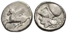 GRECIA ANTIGUA. ACARNANIA. Anactorium. Estátera (350-300 a.C.). A/ Pegaso volando a izq. R/ Cabeza de Atenea a izq., detrás lira con AN detrás. AR 8,3...