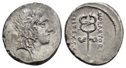 REPÚBLICA ROMANA. PLAETORIA. M. Plaetorius Cestianus. Denario. Roma (69 a.C.). A/ Cabeza masculina a der. (¿Bonus Eventus?), detrás símbolo. R/ Caduce...