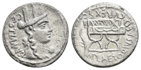 REPÚBLICA ROMANA. PLAETORIA. M. Plaetorius Cestianus. Denario. Roma (67 a.C.). A/ Cabeza de Cibeles a der., delante globo; CESTIANVS. R/ Silla curul, ...