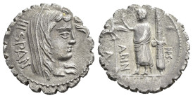 REPÚBLICA ROMANA. POSTUMI. A. Postumius Albinus. Denarius serratus. Roma (81 a.C.). A/ Cabeza de Hispania velada a der.; HISPANIA. R/ Figura togada en...