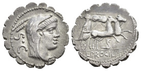 REPÚBLICA ROMANA. PROCILIA. L. Procilius. Denarius serratus. Roma (80 a.C.). A/ Cabeza de Juno Sospita a der. R/ Juno Sospita en biga a der., debajo s...