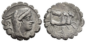 REPÚBLICA ROMANA. PROCILIA. L. Procilius. Denarius serratus. Roma (80 a.C.). A/ Cabeza de Juno Sospita a der. R/ Juno Sospita en biga a der., debajo s...