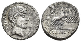REPÚBLICA ROMANA. VIBIA. C. Vibius Pansa. Denario. Roma (90 a.C.). A/ Cabeza laureada a der., debajo tridente; PANSA. R/ Minerva en cuadriga a der., e...