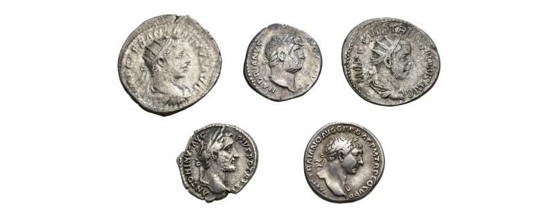 IMPERIO ROMANO. Lote de 5 monedas: 3 denarios y 2 antoninianos. Trajano, Adriano...