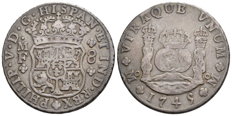 FELIPE V. 8 reales. México. 1745. MF. AR 26,71 g. 38,3 mm. VI-1153. MBC/MBC-.