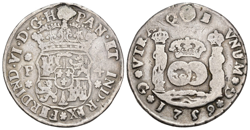 FERNANDO VI. 4 reales. Guatemala. 1759. P. AR 13 g. 33,2 mm. VI-273. Agujero tap...