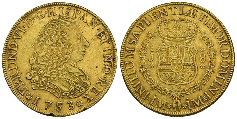 FERNANDO VI. 8 escudos. Lima. 1753. J. AU 26,96 g. 36,6 mm. VI-585. Dos golpecit...