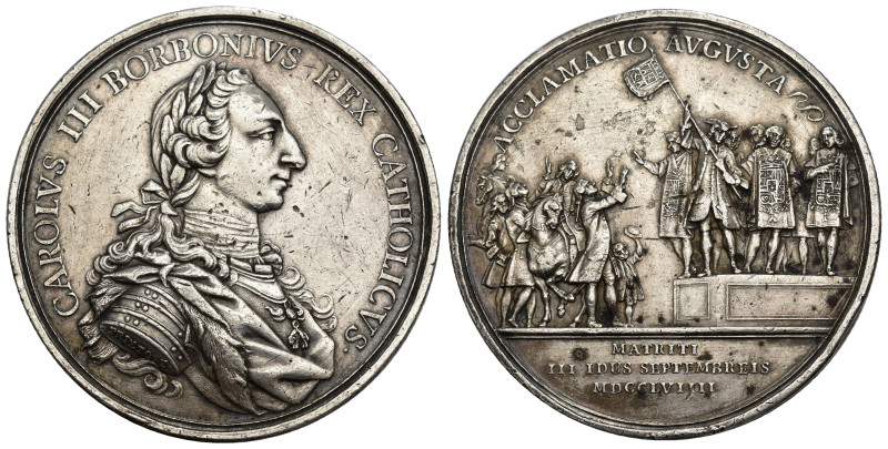 CARLOS III. Medalla de proclamación. Madrid. 1759. Firma de grabador en el corte...