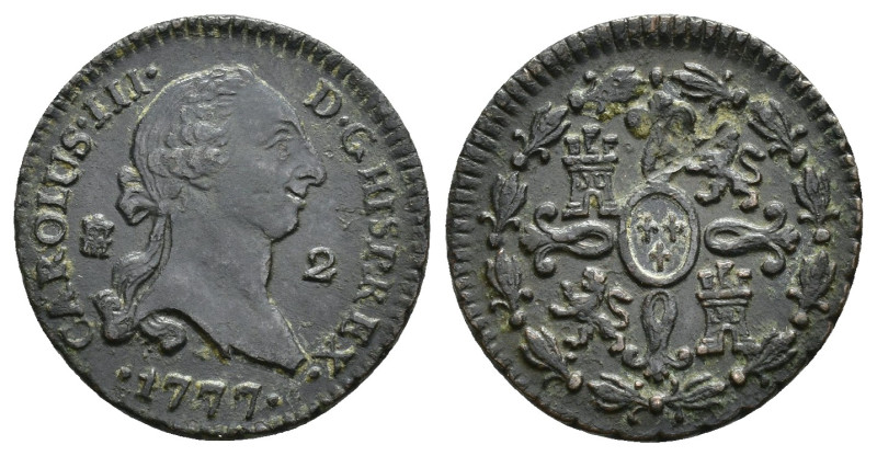 CARLOS III. 2 maravedís. Segovia. 1777. AE 2,44 g. 19,9 mm. VI-33. Raya en rev. ...