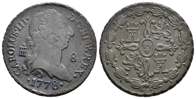 CARLOS III. 8 maravedís. Segovia. 1778. AE 11,3 g. 31 mm. VI-62. Hojitas en anv....