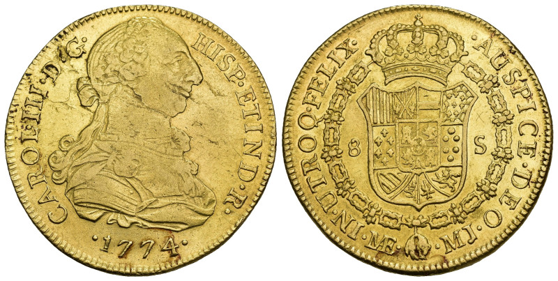 CARLOS III. 8 escudos. Lima. 1774. MJ. AU 26,96 g. 37 mm. VI-1601. Hojas en anv....