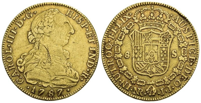 CARLOS III. 8 escudos. Nuevo Reino. 1787. JJ. AU 26,94 g. 37,2 mm. VI-1698. Raya...