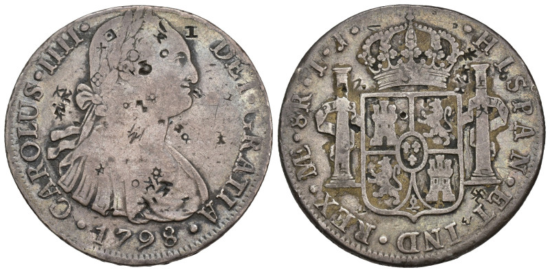 CARLOS IV. 8 reales. Lima. 1798. IJ. AR 26,55 g. 38,7 mm. VI-760. Resellos orien...