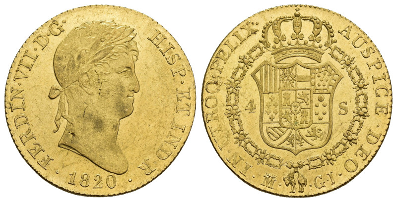 FERNANDO VII. 4 escudos. Madrid. 1820. GJ. AU 13,52 g. 28,1 mm. VI-1425. Pequeño...