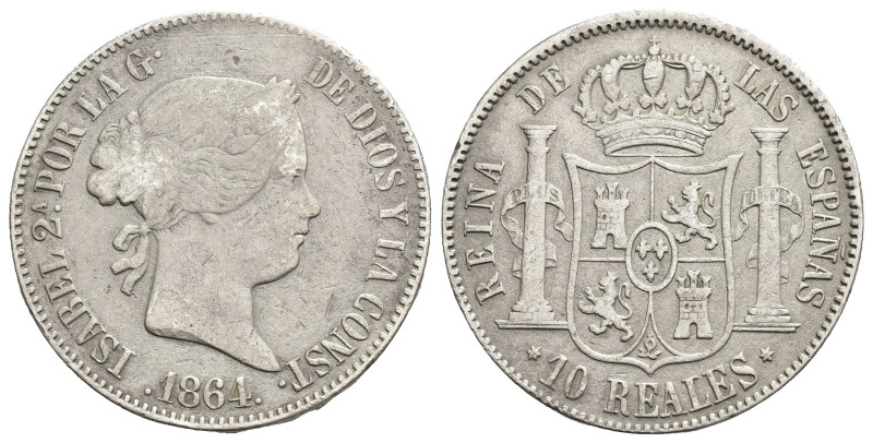 ISABEL II. 10 reales. Madrid. 1864. AR 12,47 g. 29,3 mm. VI-462. Rayita. MBC-.