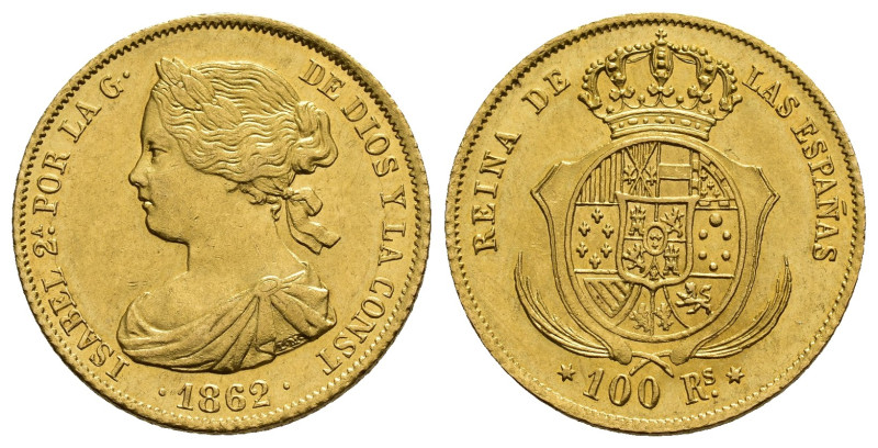 ISABEL II. 100 reales. Madrid. 1862. AU 8,34 g. 22,1 mm. VI-649. B.O. EBC+.