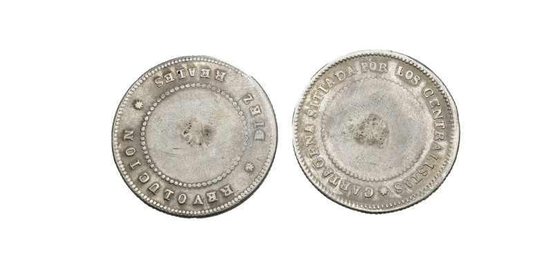 REVOLUCIÓN CANTONAL. Lote de 2 pìezas de 10 reales. 1873. Cartagena, con soldadu...