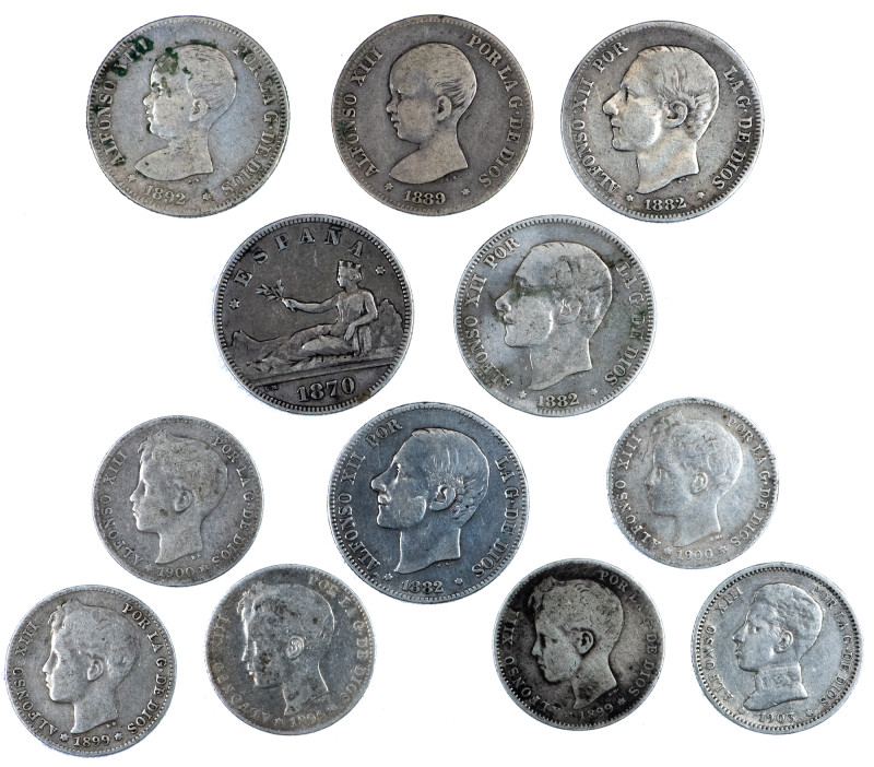 ALFONSO XIII. Lote de 12 piezas: 2 pesetas -6: I República, Alfonso XII (3) y Al...