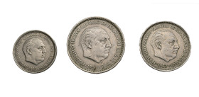 FRANCISCO FRANCO. Serie de 3 piezas: 5, 25 y 50 pts. BA. I Exposición Iberoamericana de Numismática y Medallística. 1958. VII-422. La de 5 pts. con go...