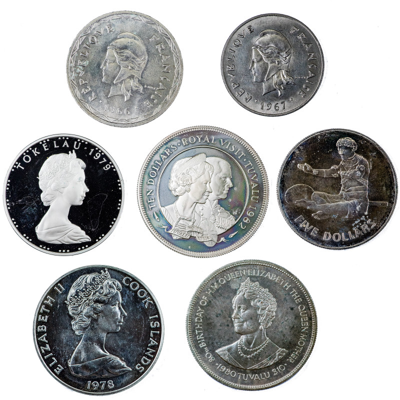 MONEDAS EXTRANJERAS. Lote de 7 monedas: Islas Cook (5 dólares, 1978); Polinesia ...