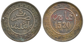 MONEDAS EXTRANJERAS. MARRUECOS. Abd al-Aziz. 5 mazuma. Birmingham 1320 H. BR 4,82 g. 25 mm. Y-16.1. Oxidaciones. MBC.