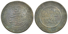 MONEDAS EXTRANJERAS. MARRUECOS. Abd al-Aziz. 5 mazuma. Fez 1320 H. BR 4,34 g. 25,3 mm. Y-16.2. Superficies erosionadas. BC-.
